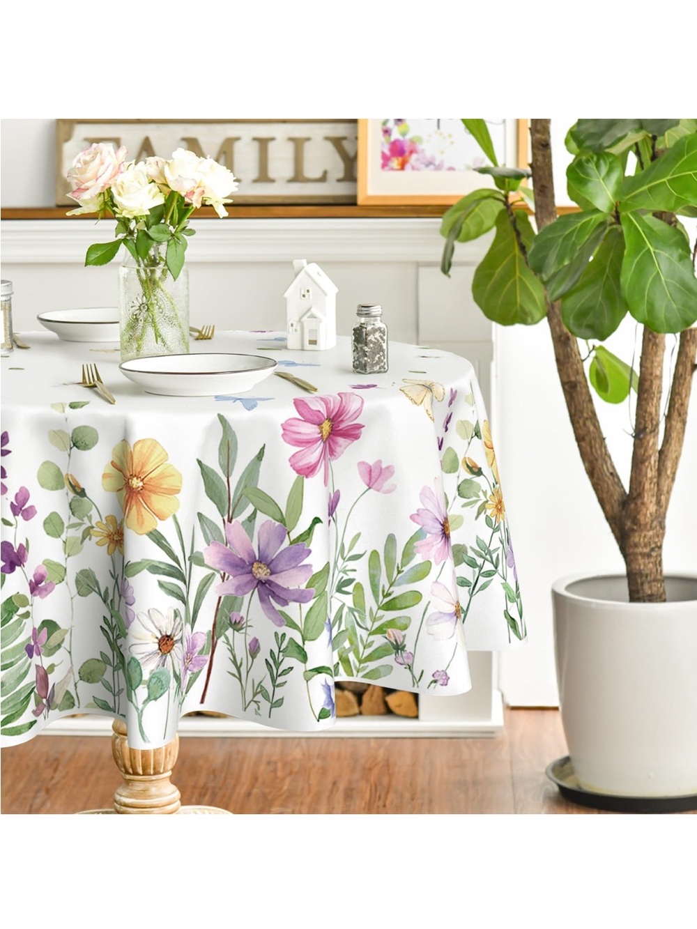 NEW Horaldaily Spring Tablecloth 70” Round, Wildflowers Floral Butterfly Washabl